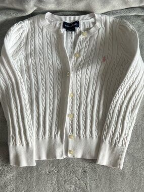 Ralph Lauren White Cable-Knit Cotton Cardigan with Puff Shoulders